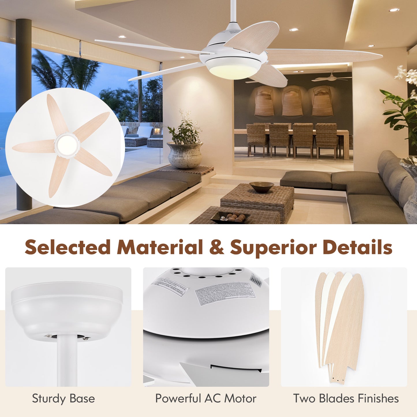 52 Inch Ceiling Fan with LED Light & 3 Adjustable Color Temperatures - White