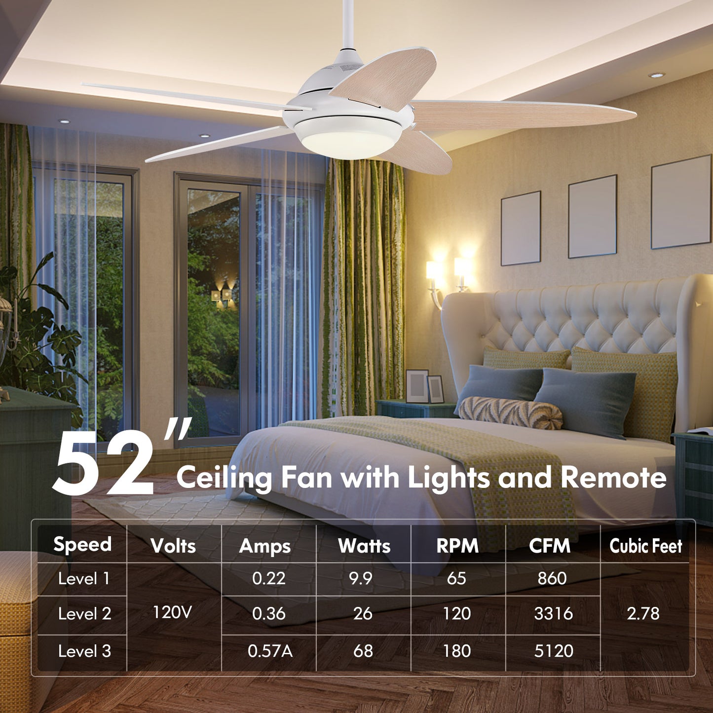 52 Inch Ceiling Fan with LED Light & 3 Adjustable Color Temperatures - White