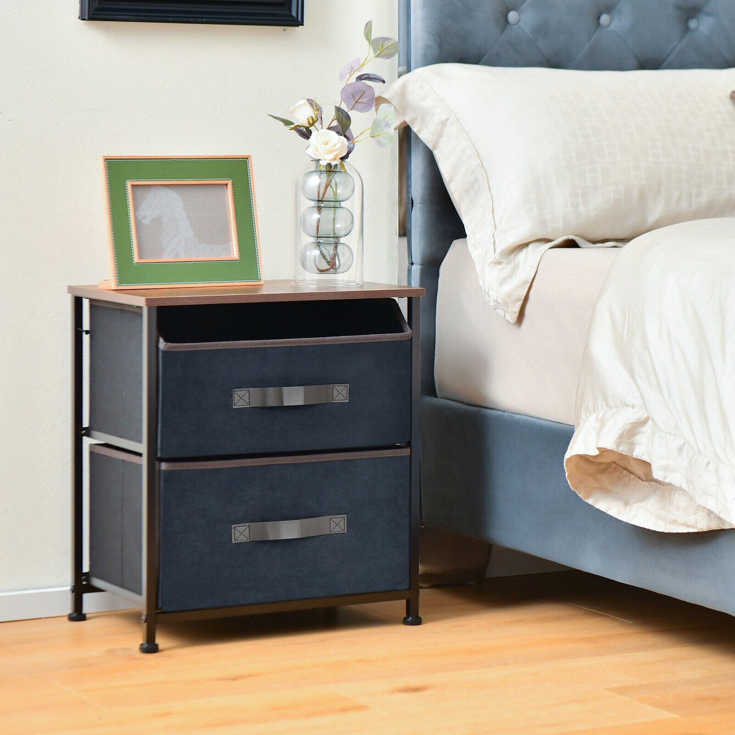 20 Inch Industrial Nightstand with 2 Fabric Drawers and Sturdy Metal Frame