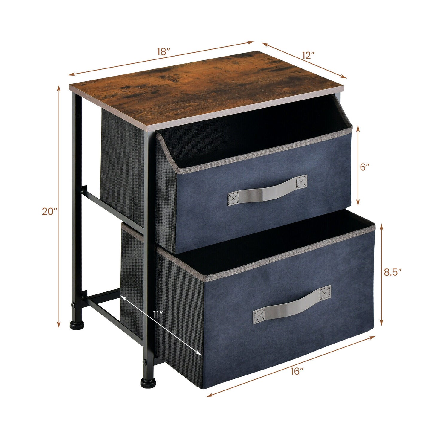 20 Inch Industrial Nightstand with 2 Fabric Drawers and Sturdy Metal Frame