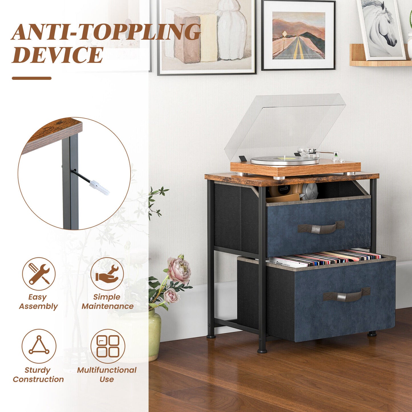 20 Inch Industrial Nightstand with 2 Fabric Drawers and Sturdy Metal Frame