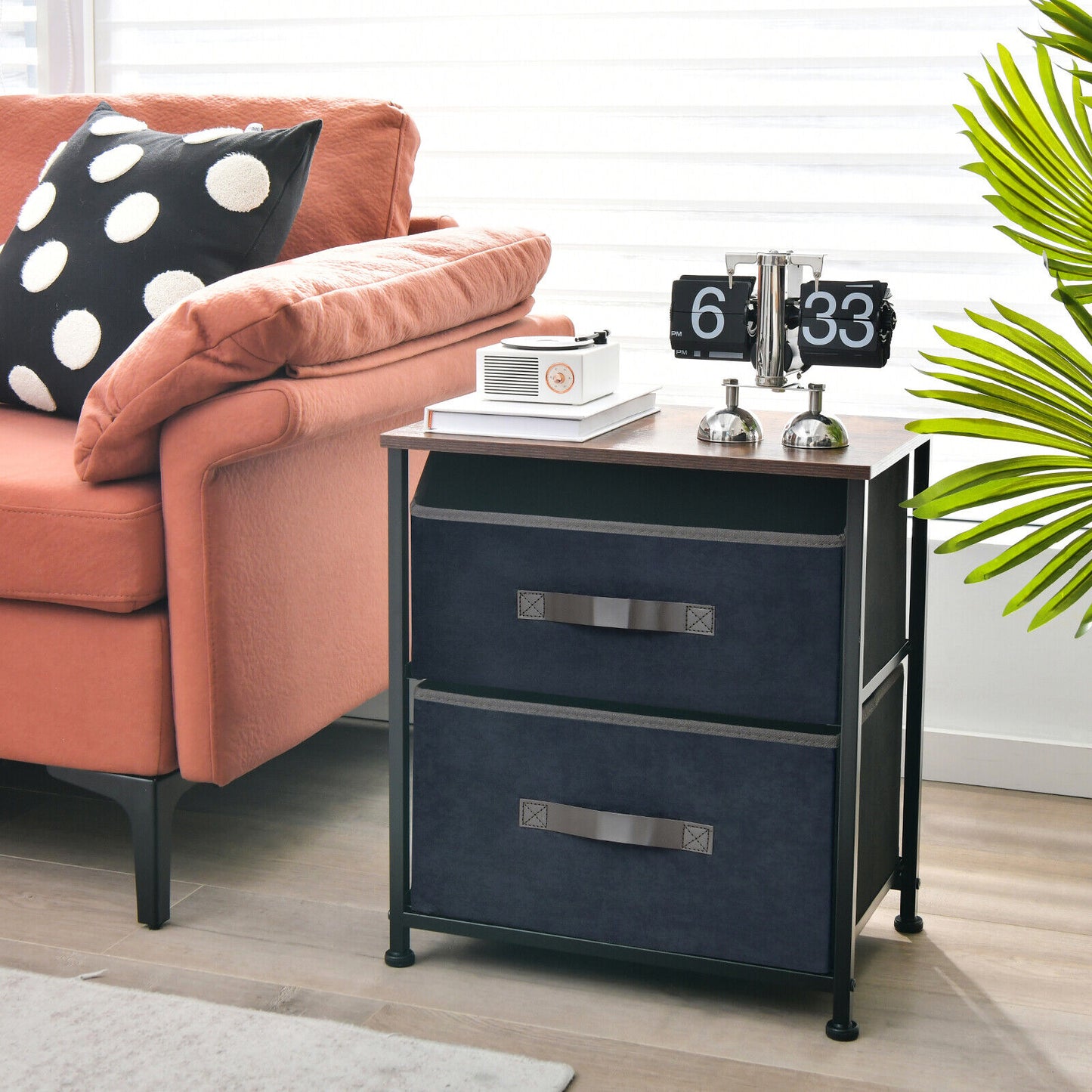 20 Inch Industrial Nightstand with 2 Fabric Drawers and Sturdy Metal Frame
