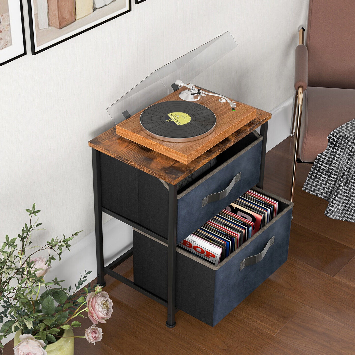 20 Inch Industrial Nightstand with 2 Fabric Drawers and Sturdy Metal Frame