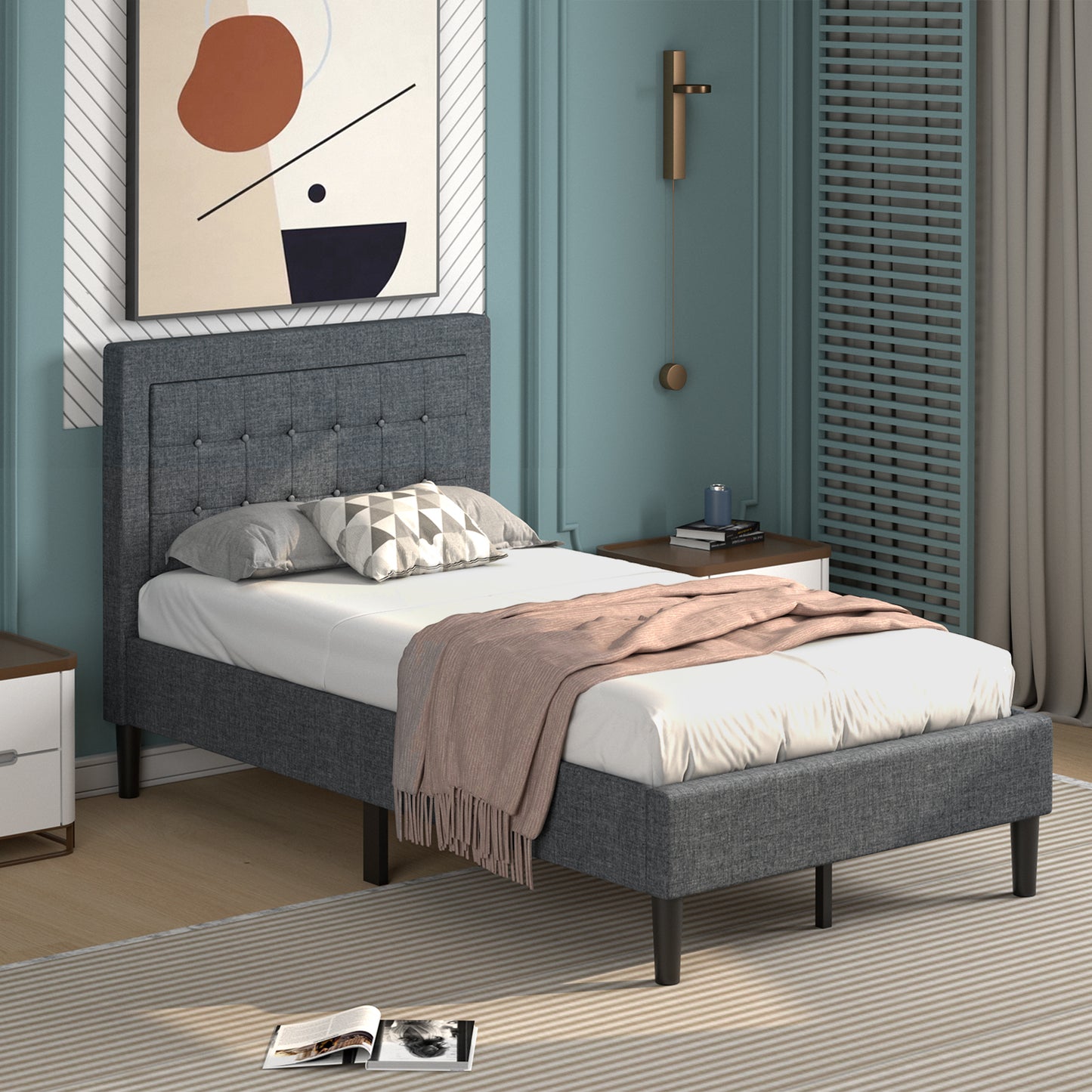 Stylish Twin Size Upholstered Platform Bed Frame with Button Tufted Headboard