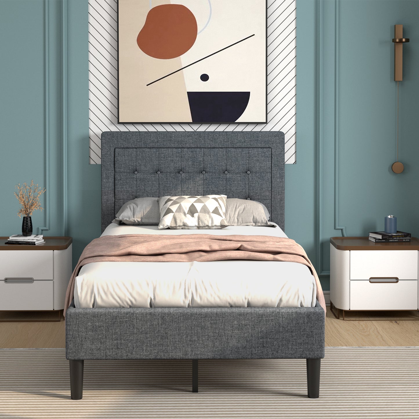 Stylish Twin Size Upholstered Platform Bed Frame with Button Tufted Headboard
