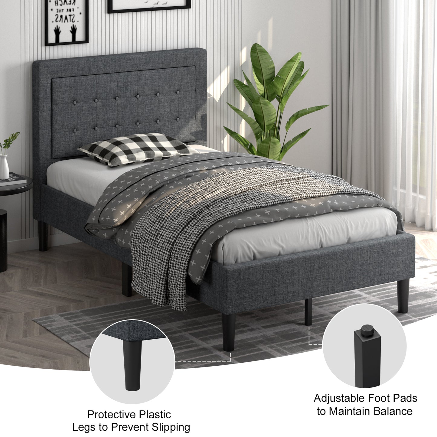 Stylish Twin Size Upholstered Platform Bed Frame with Button Tufted Headboard