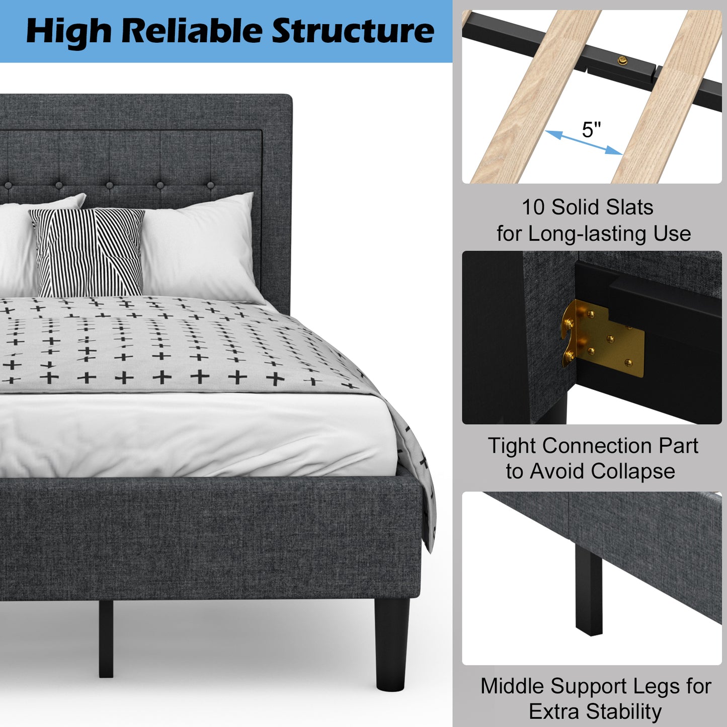Stylish Twin Size Upholstered Platform Bed Frame with Button Tufted Headboard
