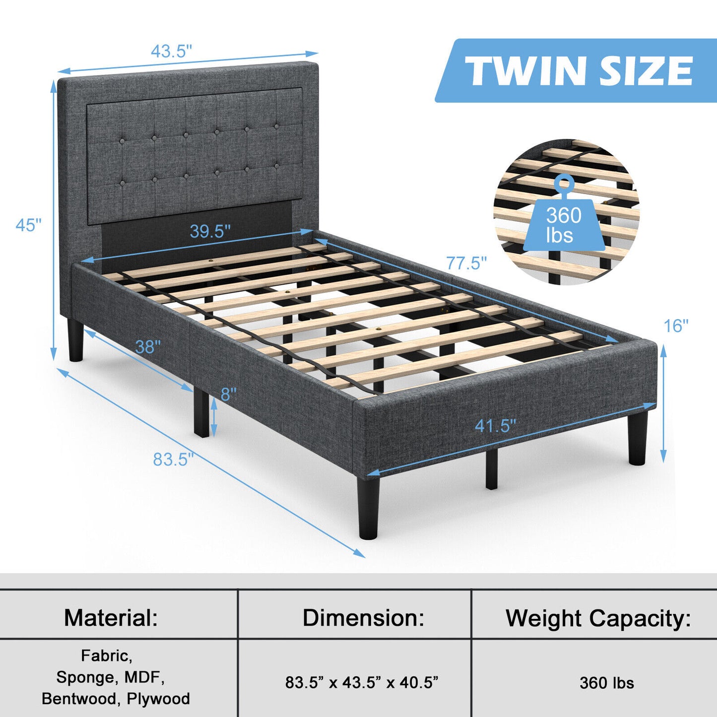 Stylish Twin Size Upholstered Platform Bed Frame with Button Tufted Headboard