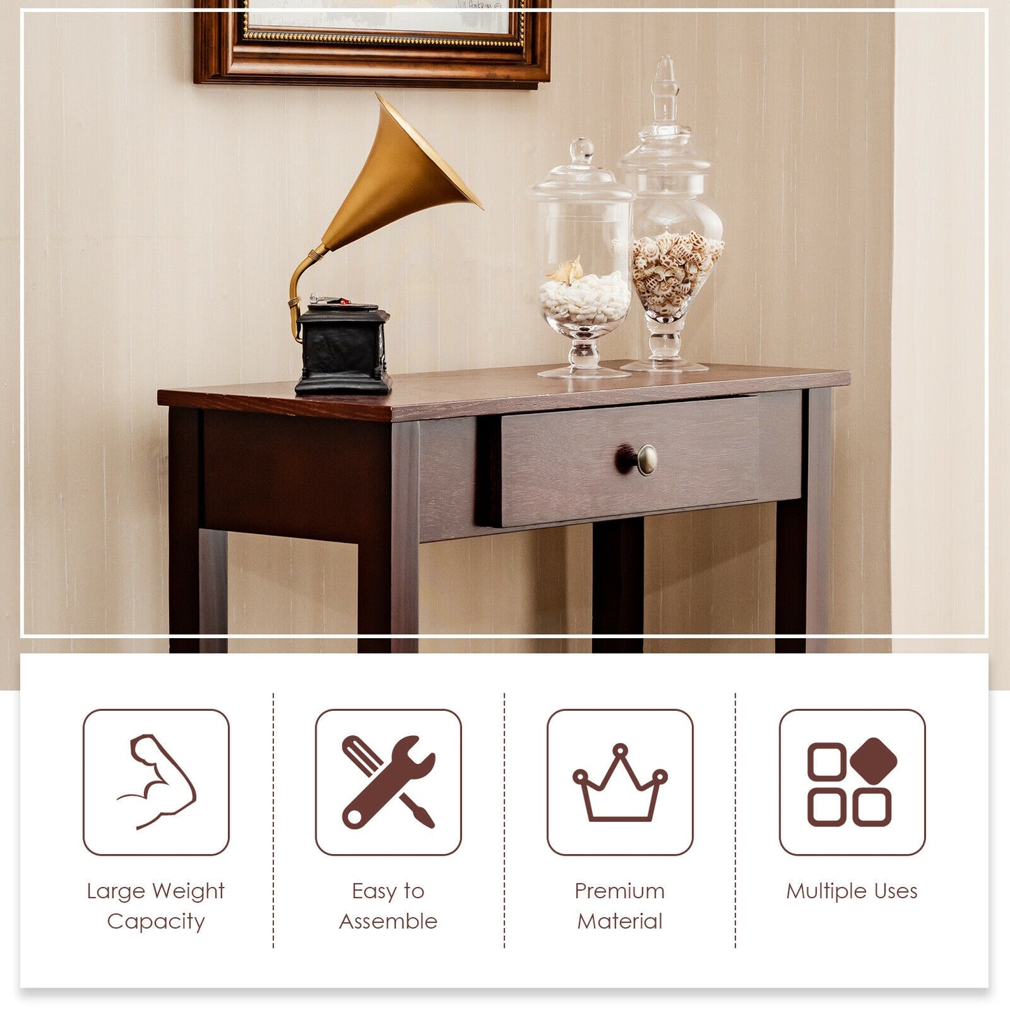 Modern Accent Console Table with Drawer for Living Room or Hallway - Dark Brown