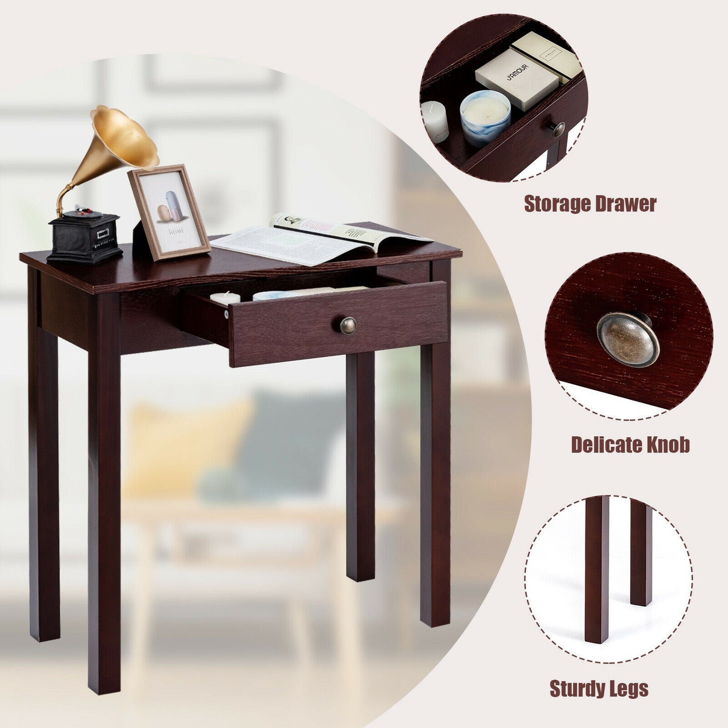 Modern Accent Console Table with Drawer for Living Room or Hallway - Dark Brown