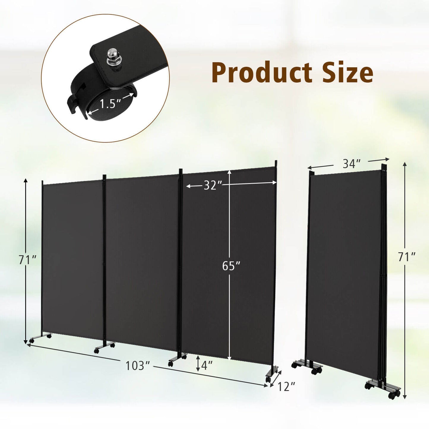 3-Panel Folding Privacy Divider with Lockable Wheels for Easy Mobility - Grey