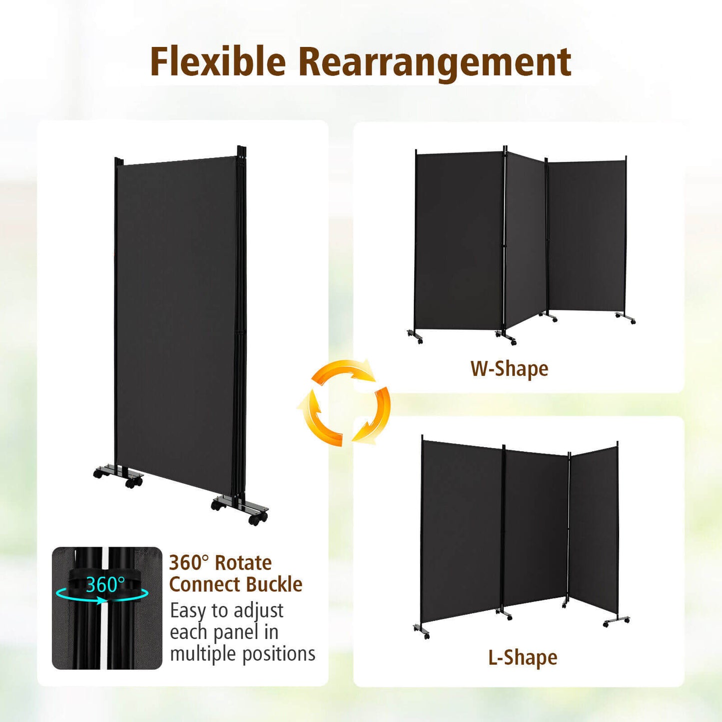 3-Panel Folding Privacy Divider with Lockable Wheels for Easy Mobility - Grey