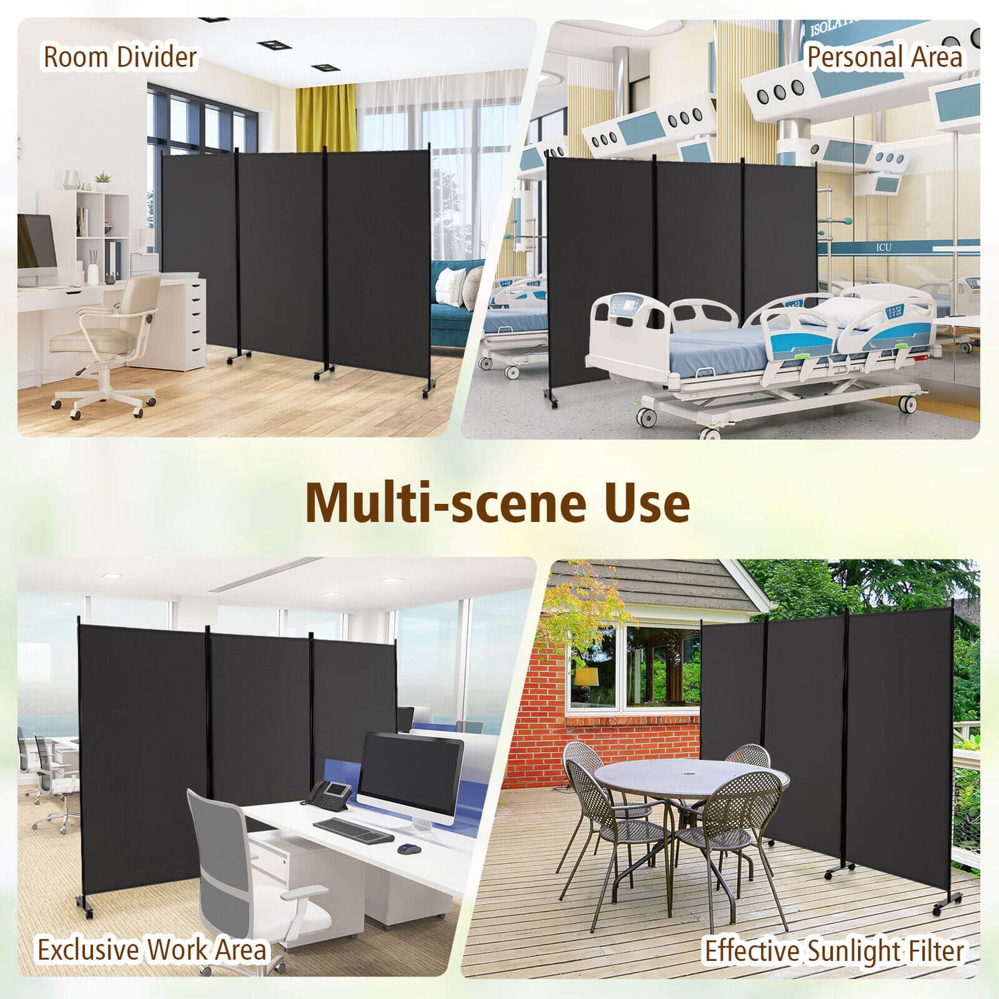 3-Panel Folding Privacy Divider with Lockable Wheels for Easy Mobility - Grey