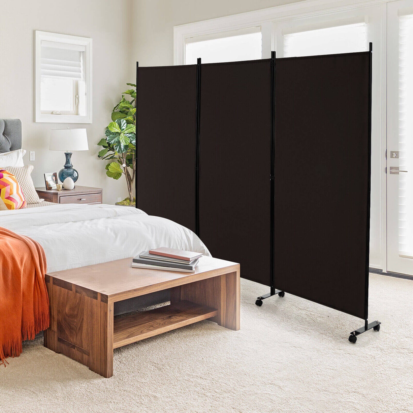 3-Panel Folding Privacy Divider with Lockable Wheels for Easy Mobility - Brown