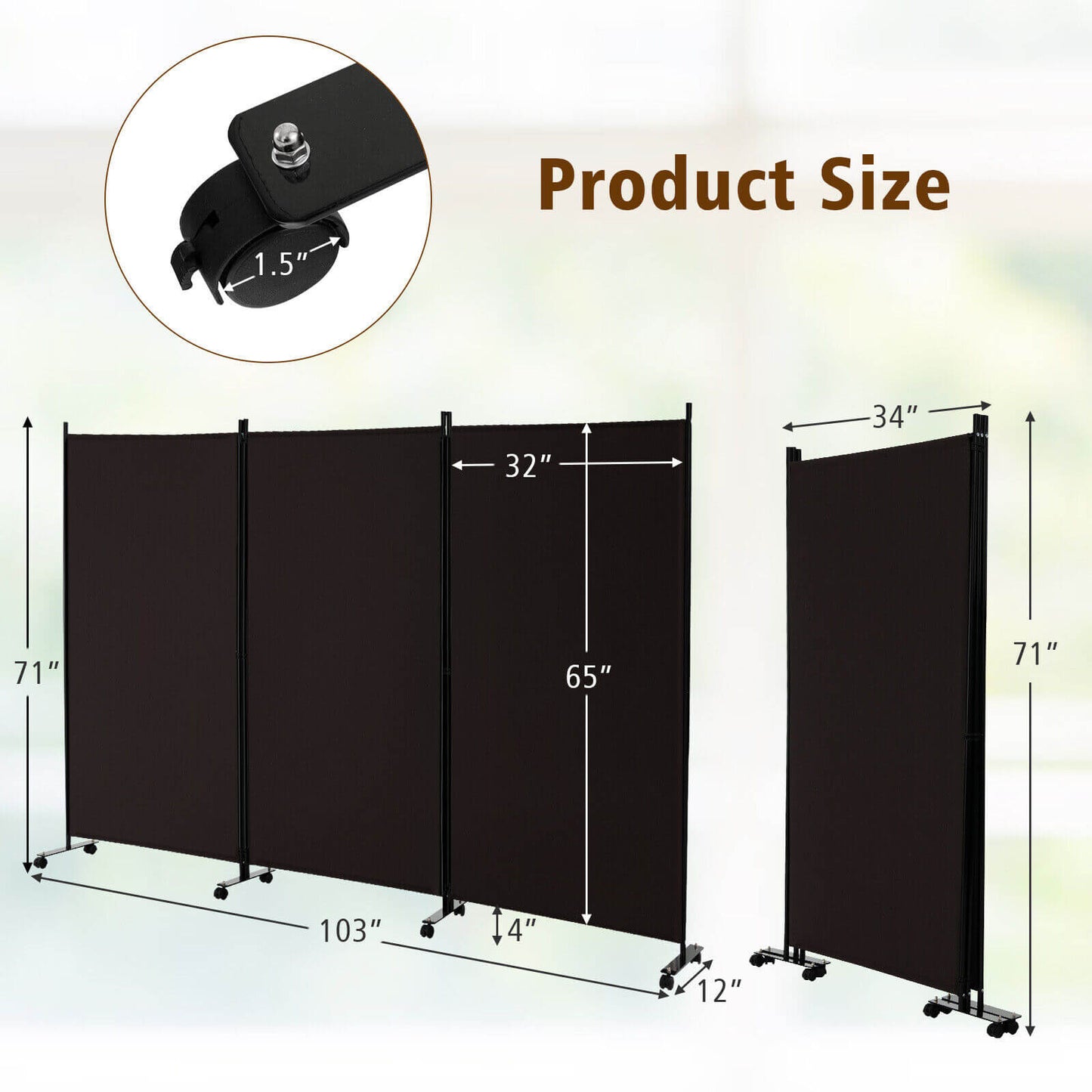 3-Panel Folding Privacy Divider with Lockable Wheels for Easy Mobility - Brown