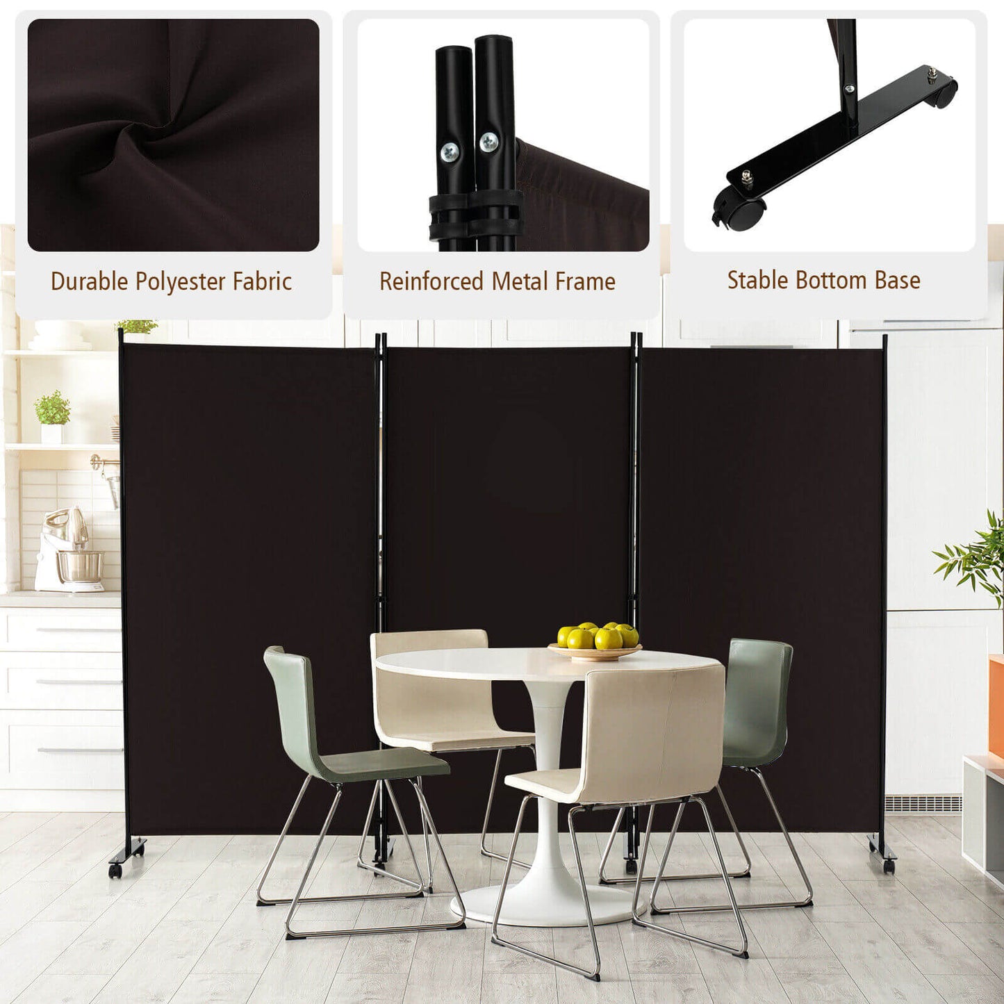 3-Panel Folding Privacy Divider with Lockable Wheels for Easy Mobility - Brown