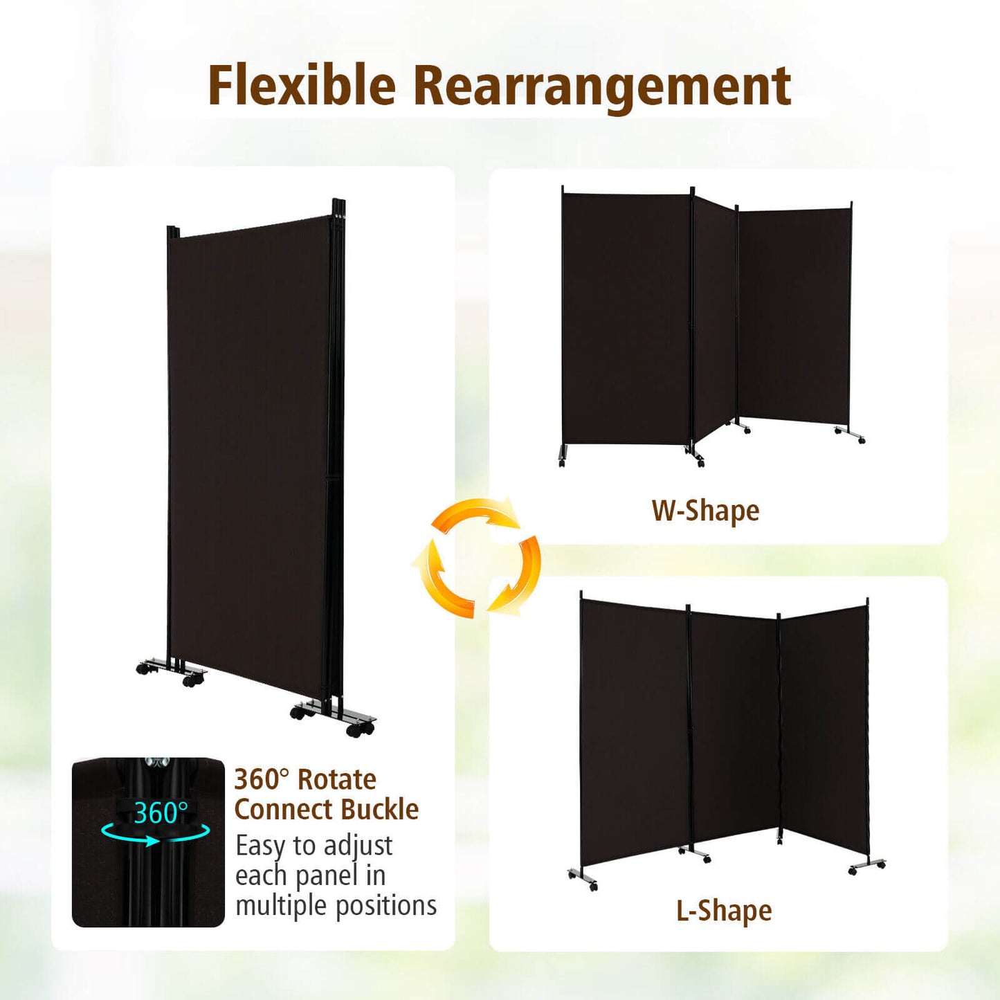 3-Panel Folding Privacy Divider with Lockable Wheels for Easy Mobility - Brown