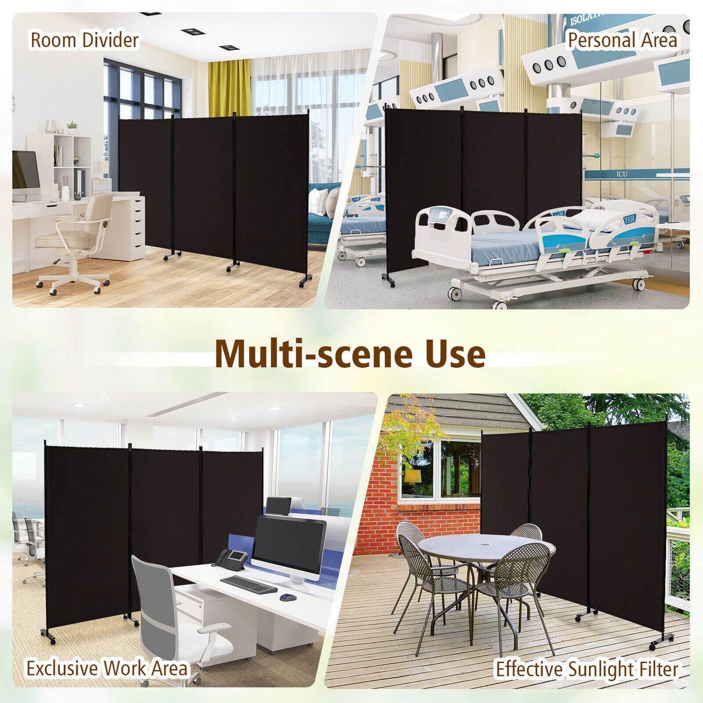 3-Panel Folding Privacy Divider with Lockable Wheels for Easy Mobility - Brown