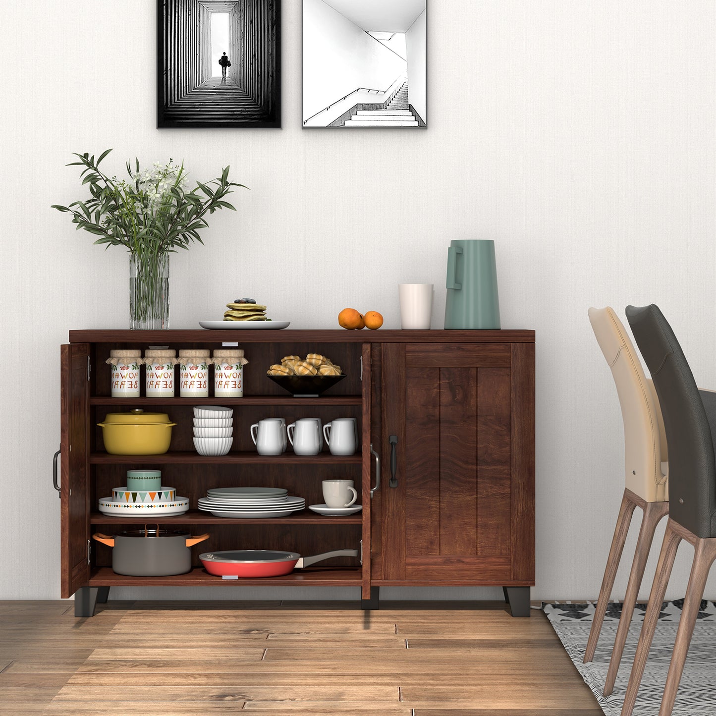 Modern Buffet Cabinet with 3 Doors Adjustable Shelves and Anti Tipping Safety Design - Brown