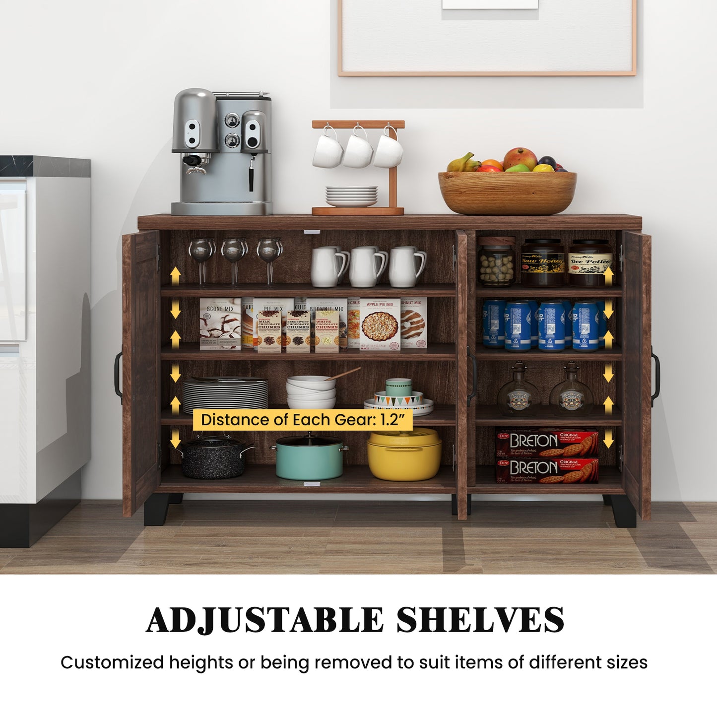 Modern Buffet Cabinet with 3 Doors Adjustable Shelves and Anti Tipping Safety Design - Brown