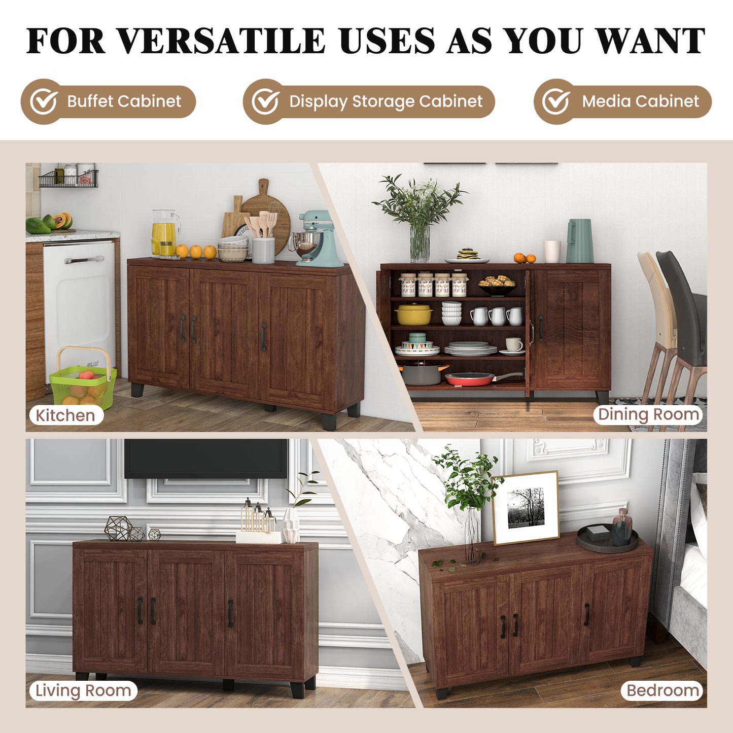 Modern Buffet Cabinet with 3 Doors Adjustable Shelves and Anti Tipping Safety Design - Brown