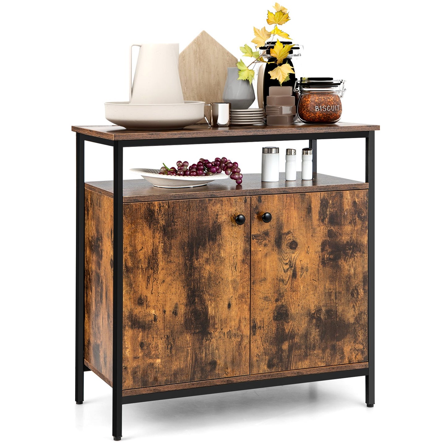 Modern Buffet Sideboard Cabinet with Storage Shelves and Integrated Cable Ports