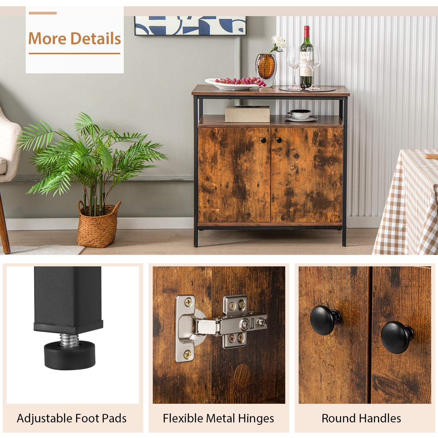 Modern Buffet Sideboard Cabinet with Storage Shelves and Integrated Cable Ports