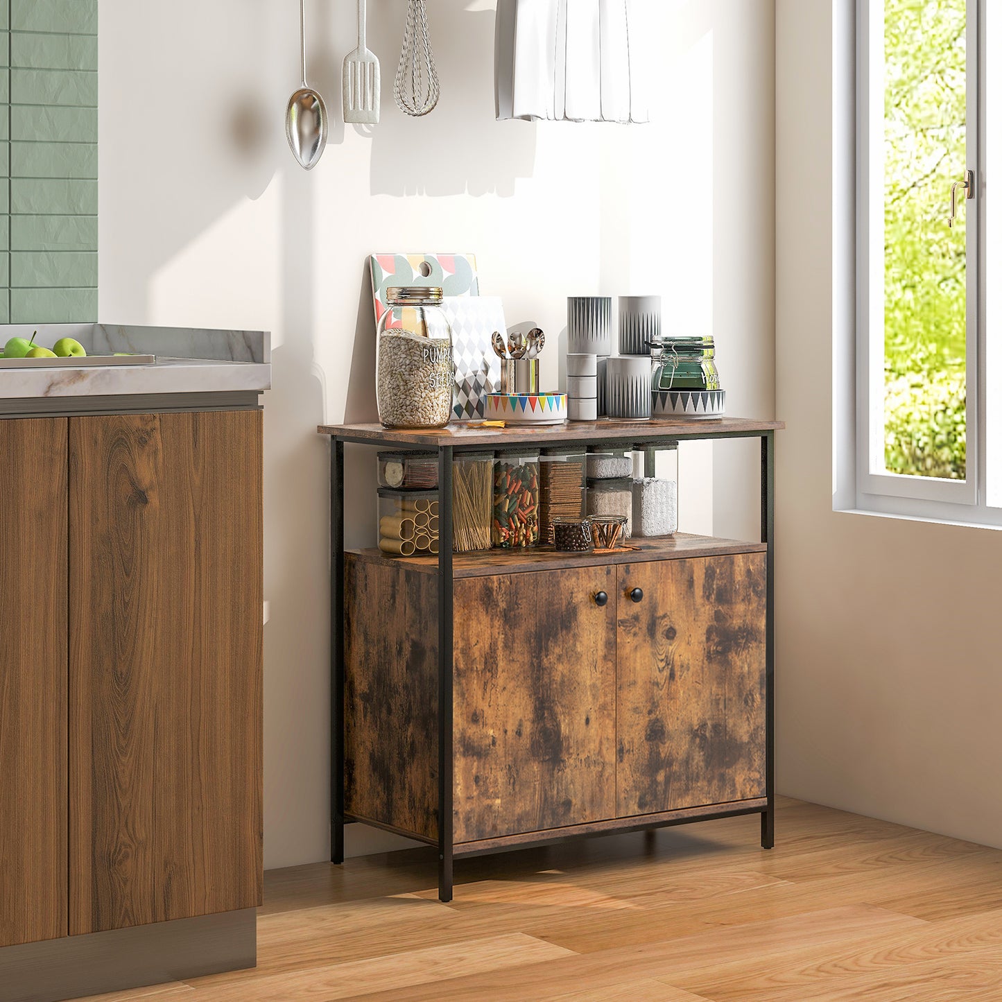 Modern Buffet Sideboard Cabinet with Storage Shelves and Integrated Cable Ports