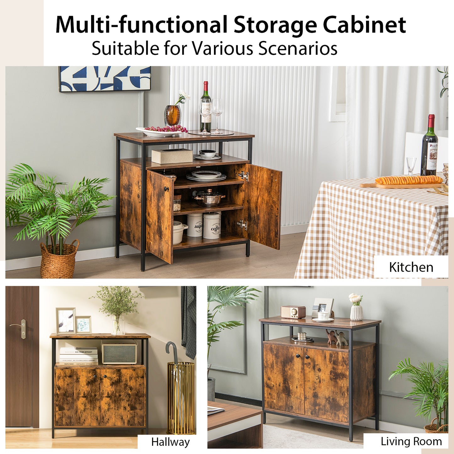 Modern Buffet Sideboard Cabinet with Storage Shelves and Integrated Cable Ports