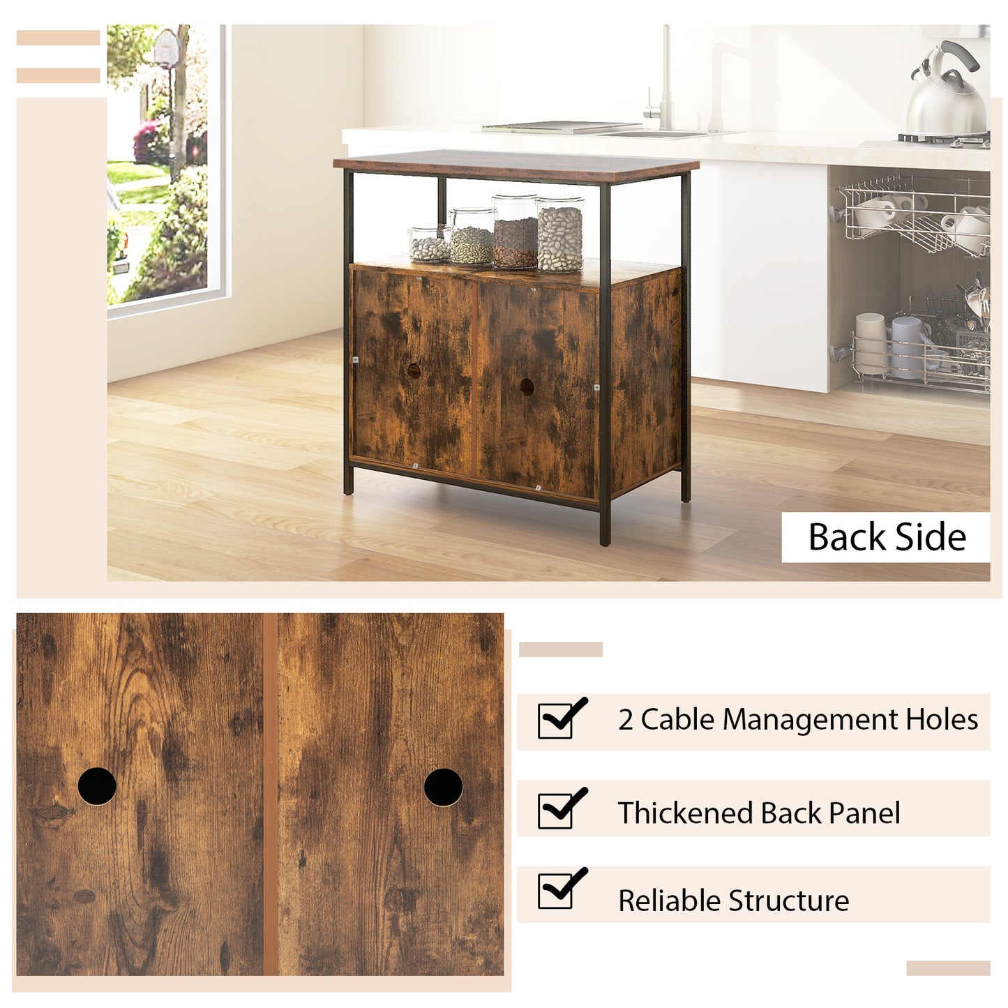 Modern Buffet Sideboard Cabinet with Storage Shelves and Integrated Cable Ports