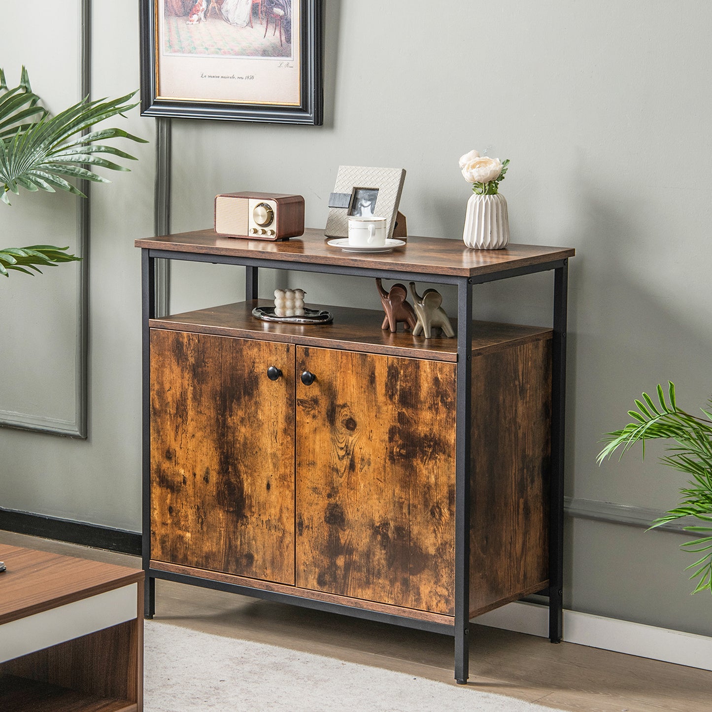 Modern Buffet Sideboard Cabinet with Storage Shelves and Integrated Cable Ports