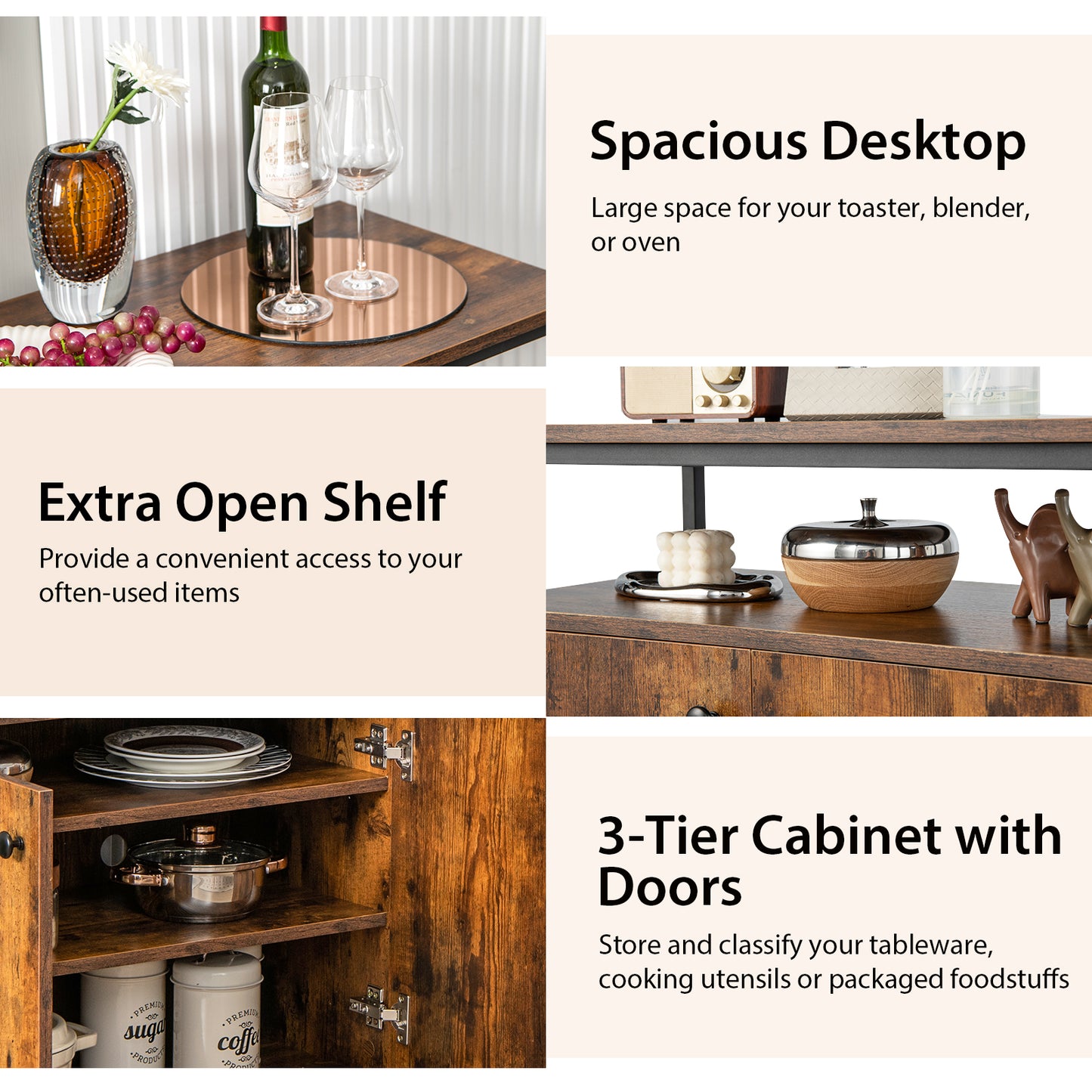 Modern Buffet Sideboard Cabinet with Storage Shelves and Integrated Cable Ports