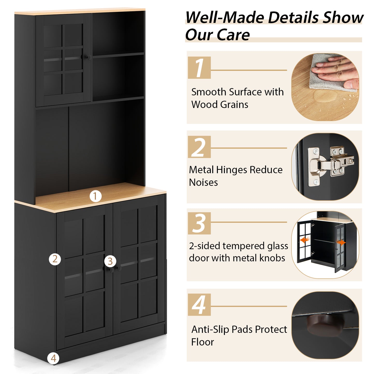 Tall Freestanding Kitchen Pantry Cabinet with Hutch and Adjustable Shelves in Black Finish