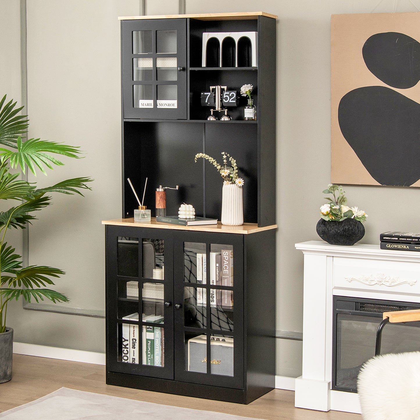 Tall Freestanding Kitchen Pantry Cabinet with Hutch and Adjustable Shelves in Black Finish