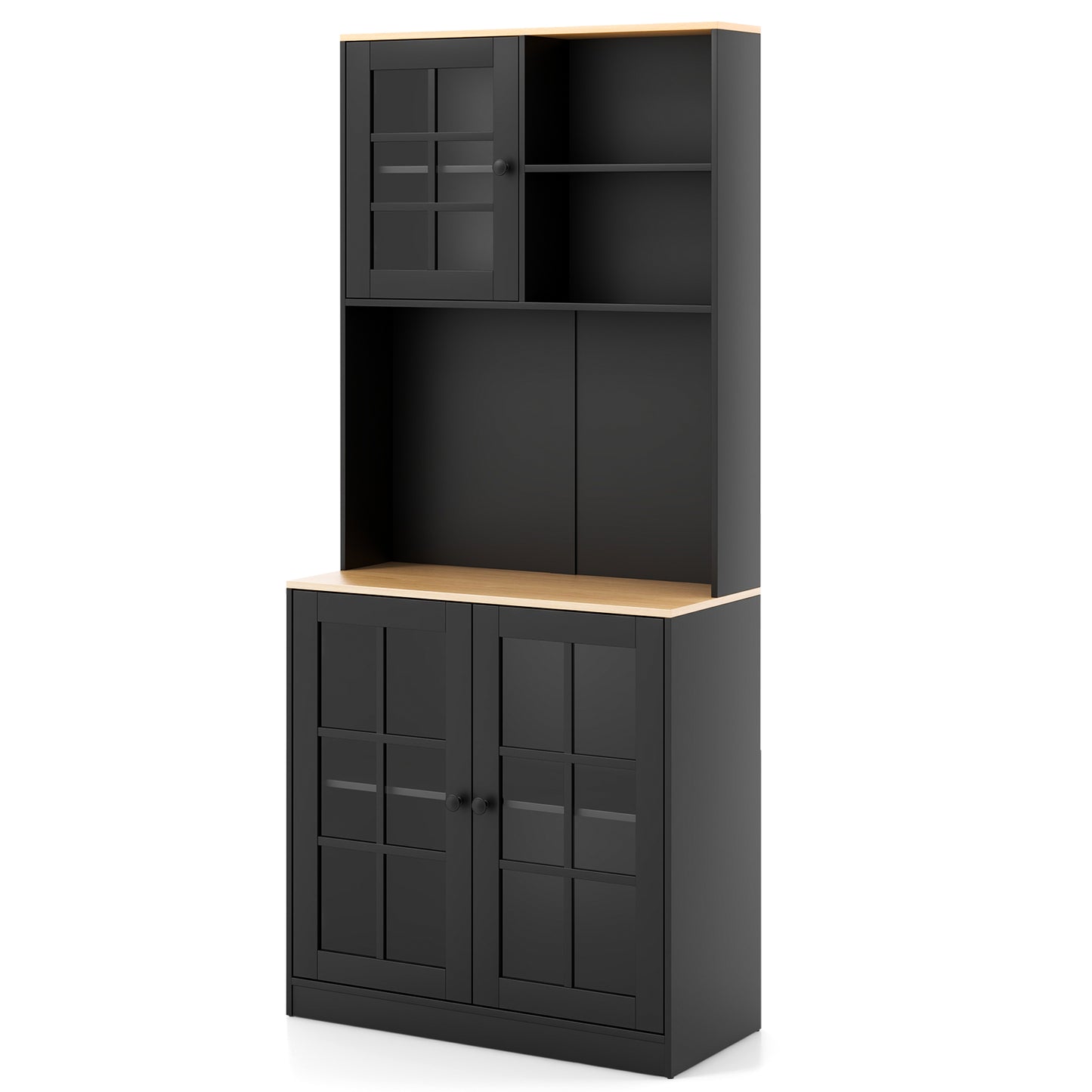 Tall Freestanding Kitchen Pantry Cabinet with Hutch and Adjustable Shelves in Black Finish