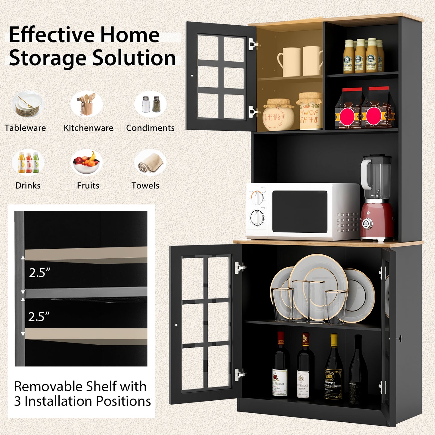 Tall Freestanding Kitchen Pantry Cabinet with Hutch and Adjustable Shelves in Black Finish