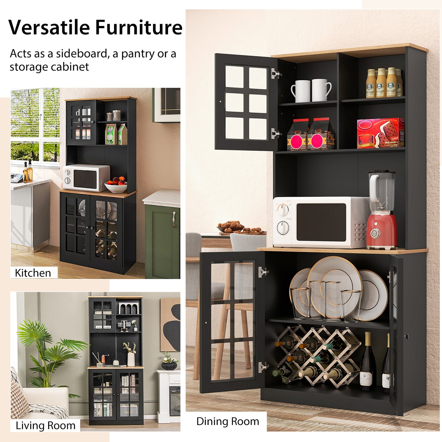 Tall Freestanding Kitchen Pantry Cabinet with Hutch and Adjustable Shelves in Black Finish