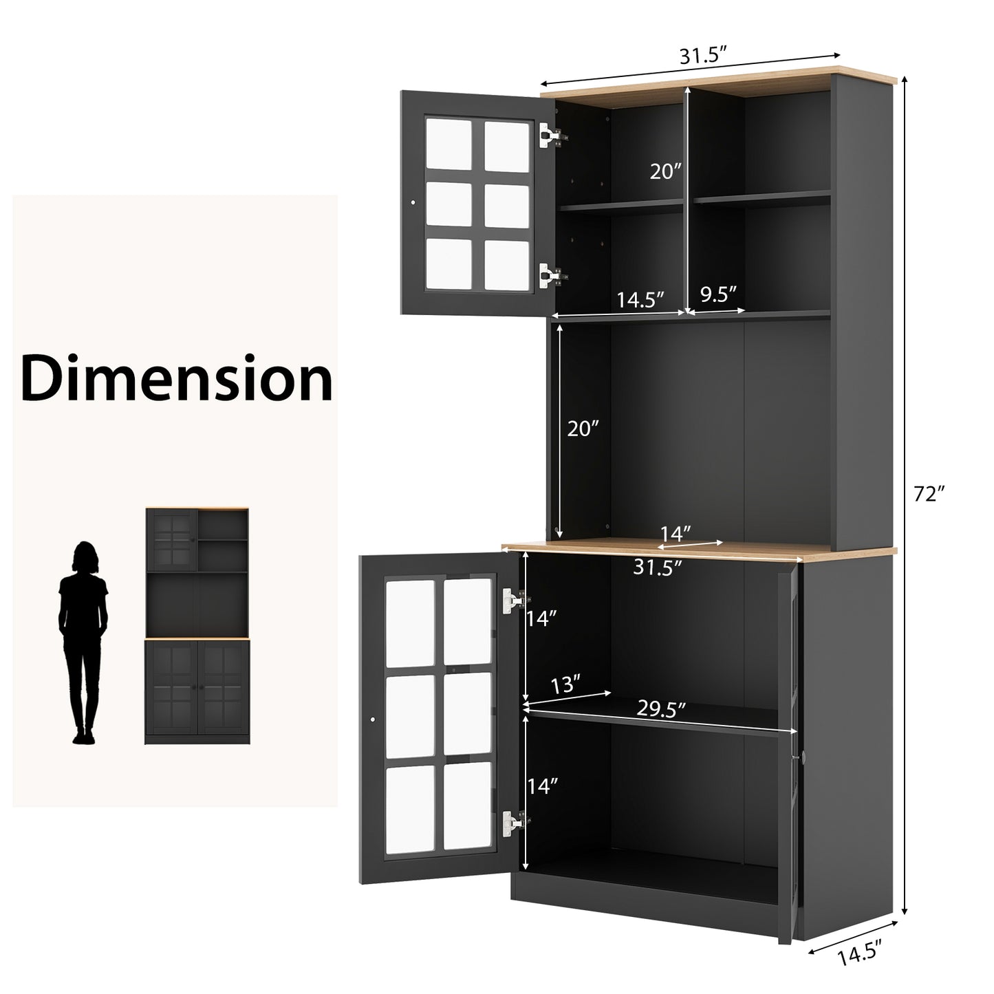 Tall Freestanding Kitchen Pantry Cabinet with Hutch and Adjustable Shelves in Black Finish