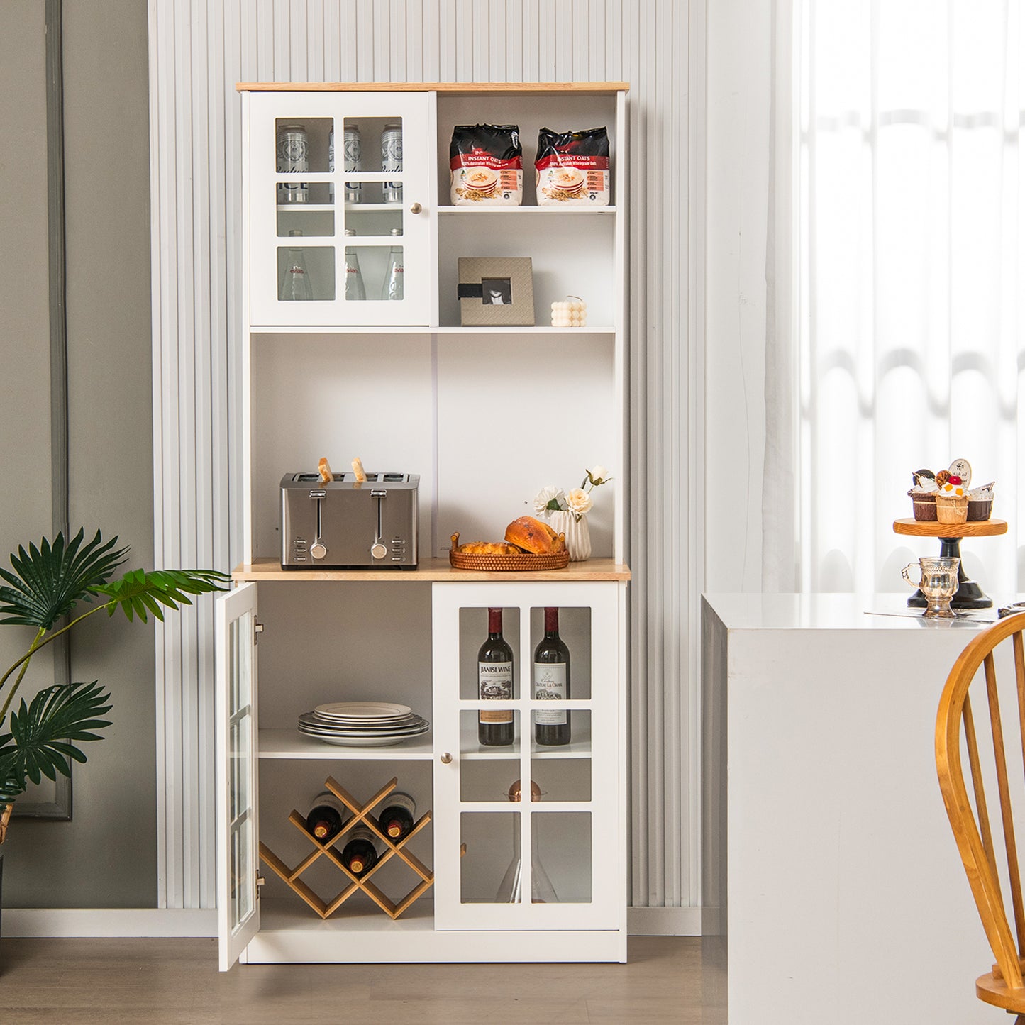Tall Freestanding Kitchen Pantry Cabinet with Hutch and Adjustable Shelves in White Finish