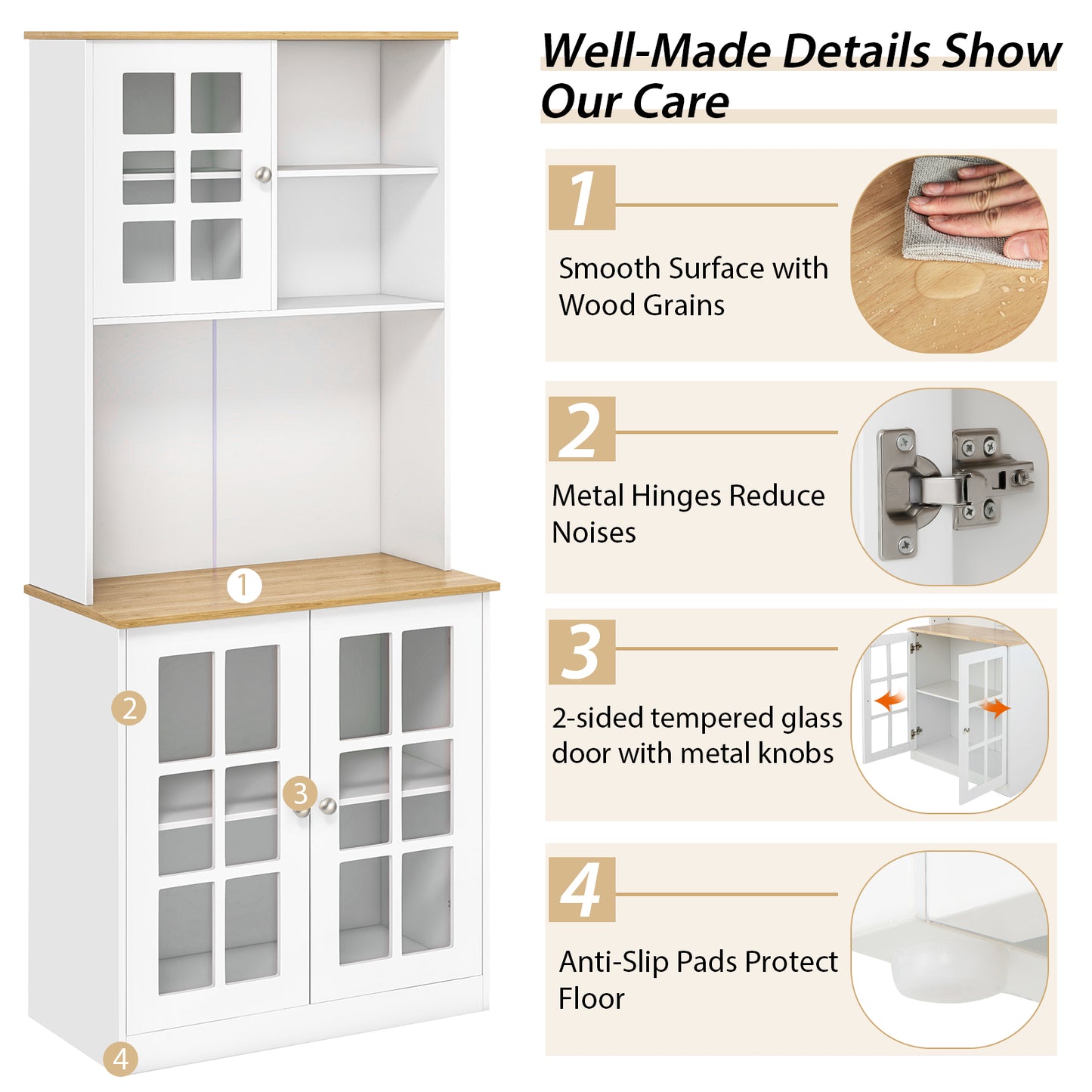 Tall Freestanding Kitchen Pantry Cabinet with Hutch and Adjustable Shelves in White Finish