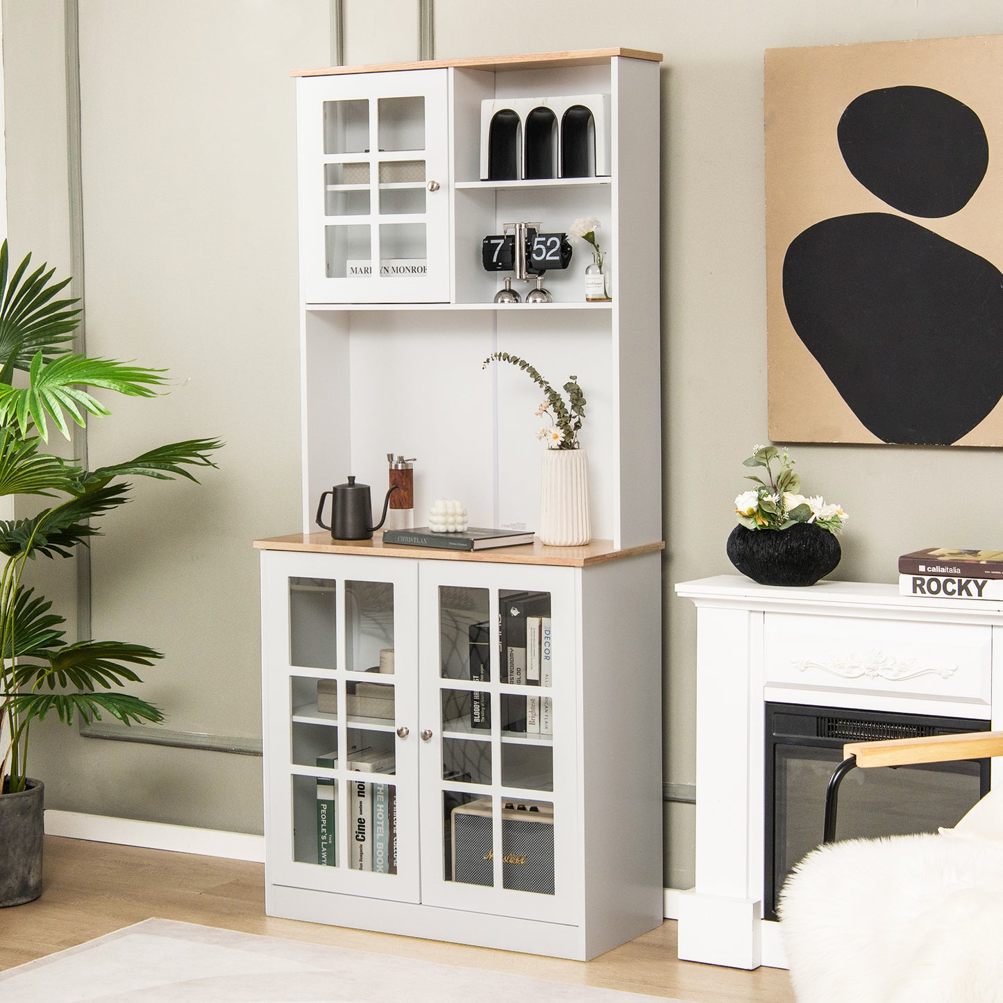 Tall Freestanding Kitchen Pantry Cabinet with Hutch and Adjustable Shelves in White Finish