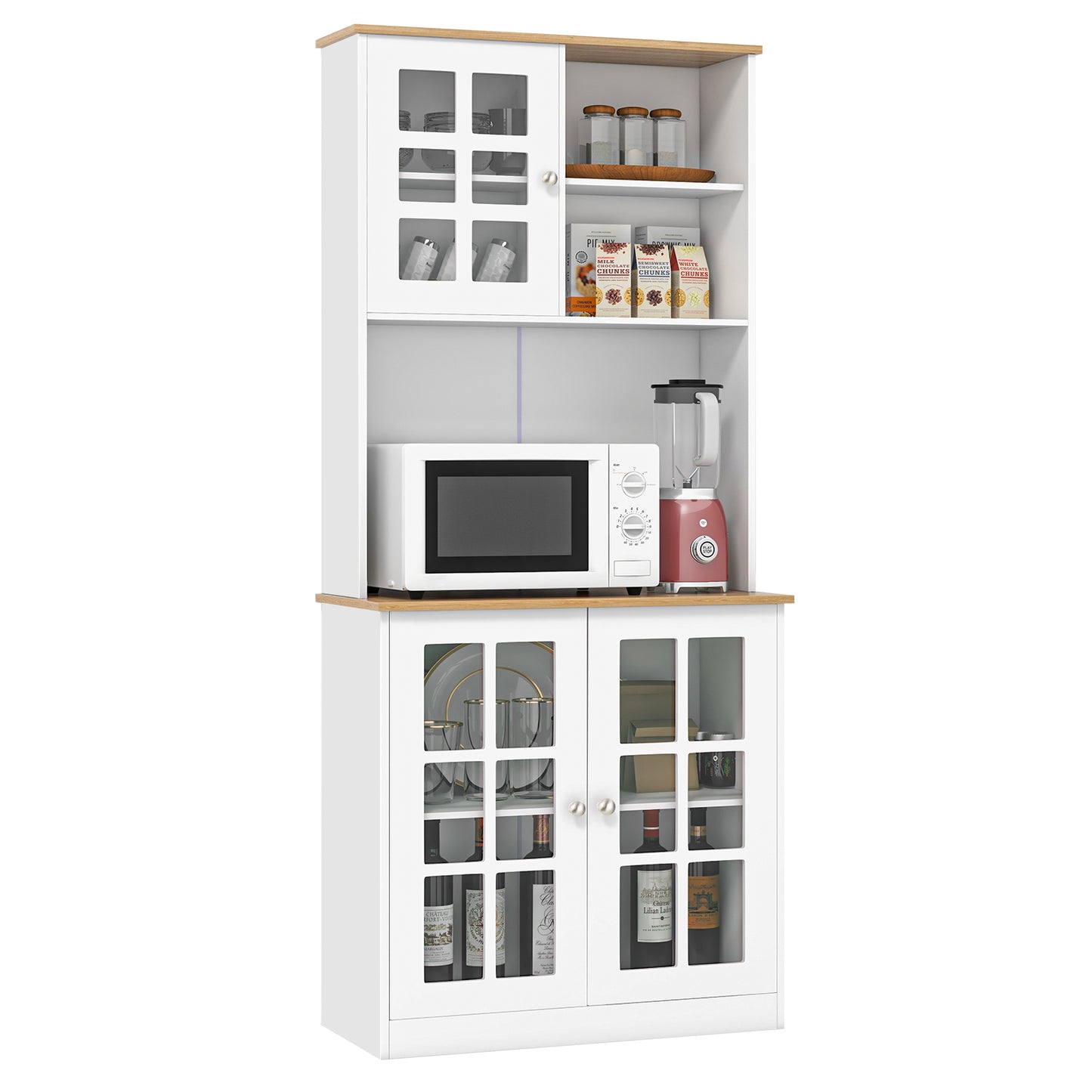 Tall Freestanding Kitchen Pantry Cabinet with Hutch and Adjustable Shelves in White Finish