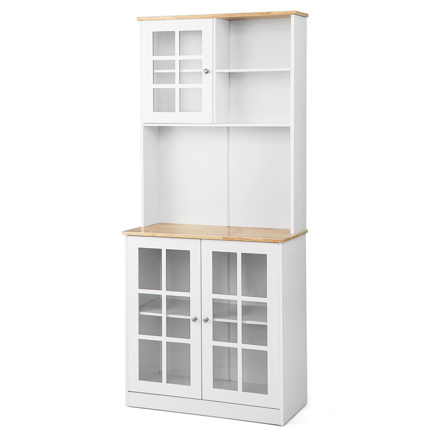 Tall Freestanding Kitchen Pantry Cabinet with Hutch and Adjustable Shelves in White Finish
