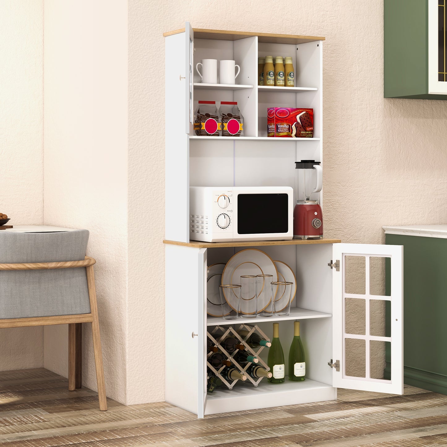 Tall Freestanding Kitchen Pantry Cabinet with Hutch and Adjustable Shelves in White Finish