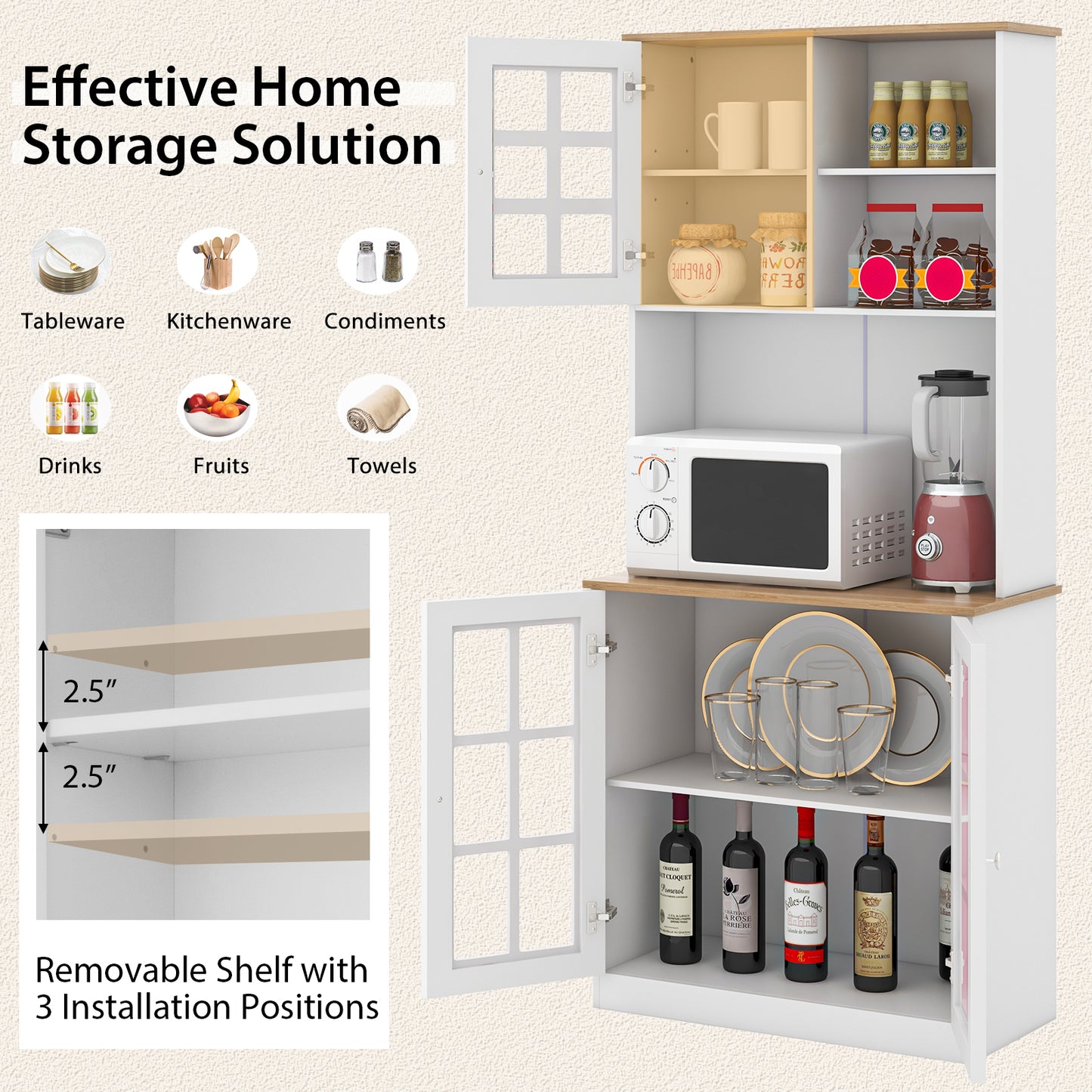 Tall Freestanding Kitchen Pantry Cabinet with Hutch and Adjustable Shelves in White Finish