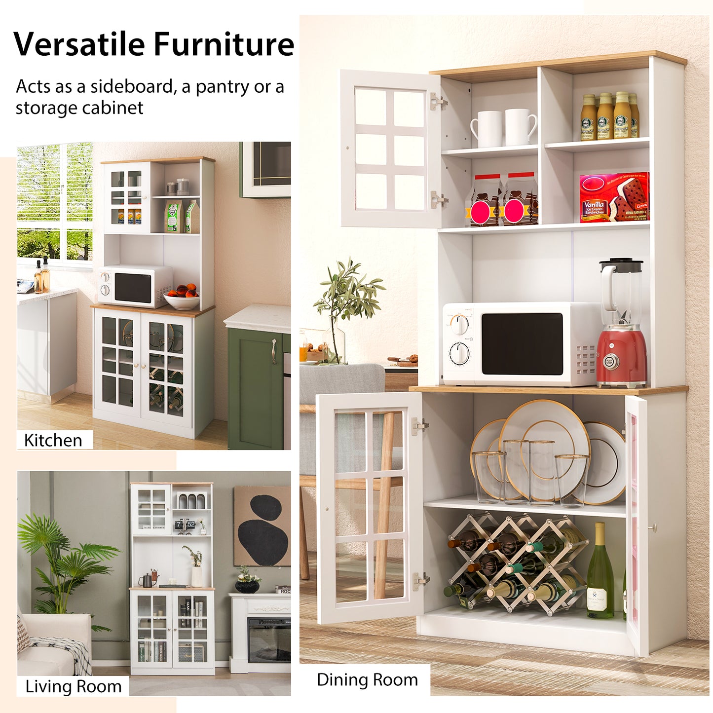 Tall Freestanding Kitchen Pantry Cabinet with Hutch and Adjustable Shelves in White Finish
