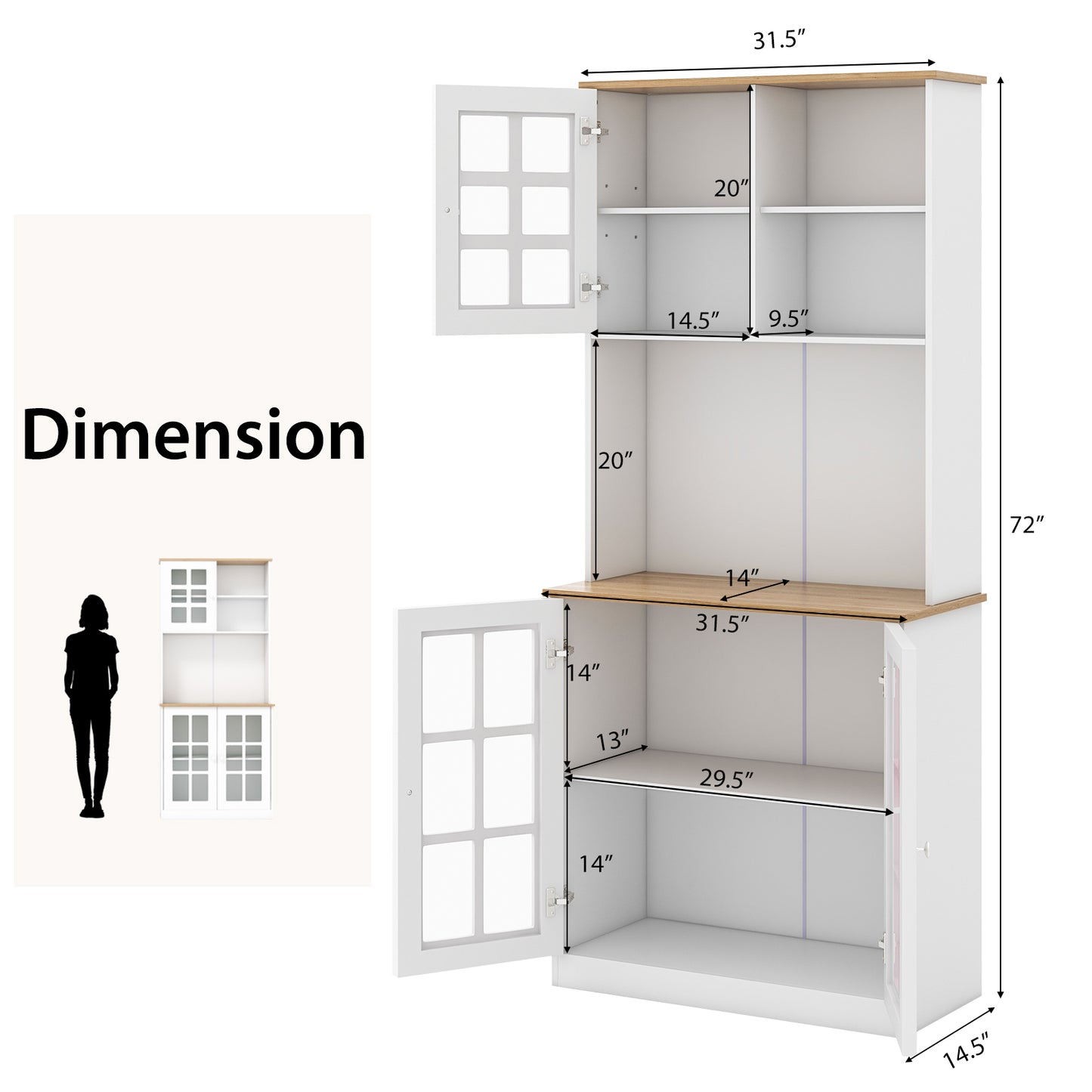 Tall Freestanding Kitchen Pantry Cabinet with Hutch and Adjustable Shelves in White Finish