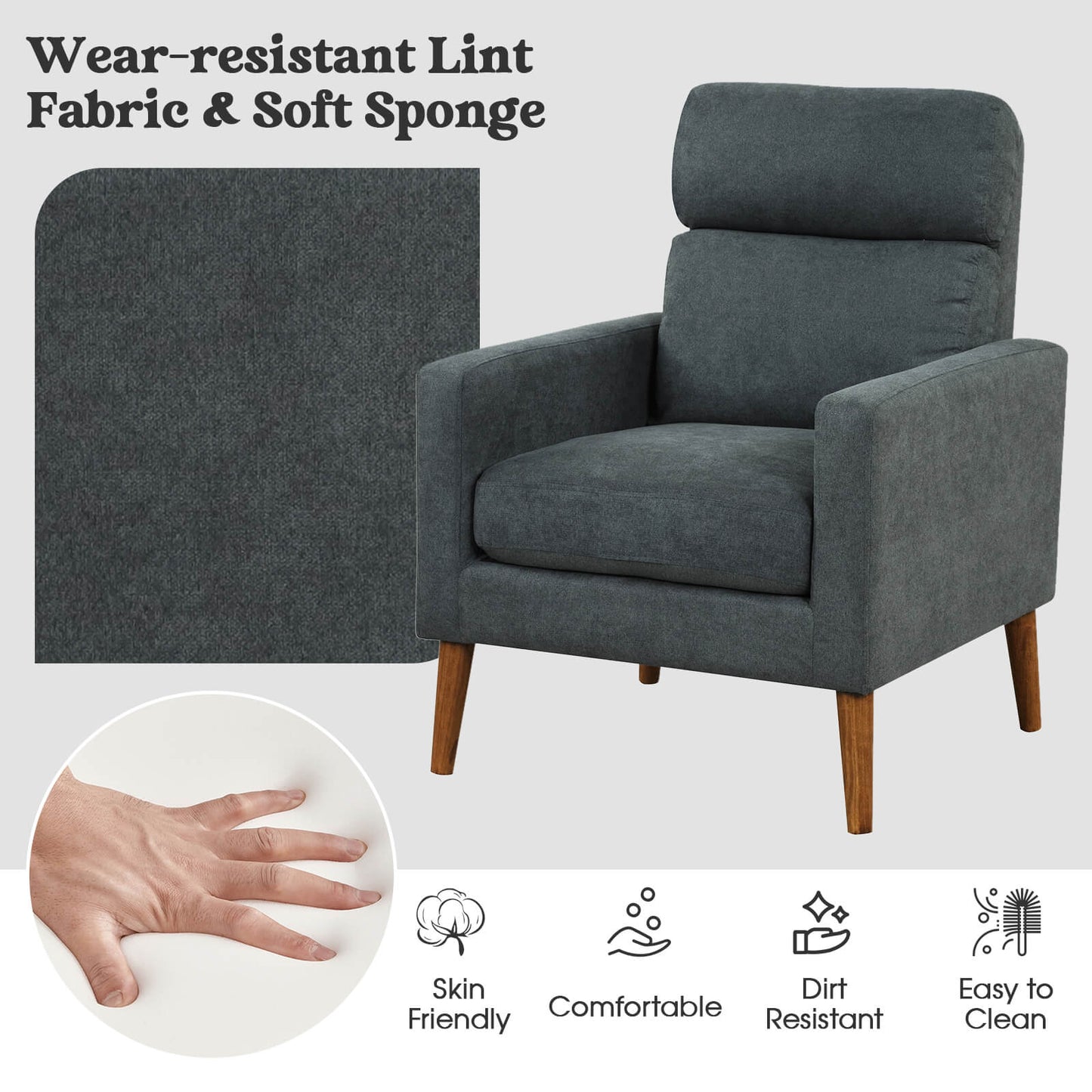 Modern Accent Chair with Lint Fabric Upholstery and Solid Wood Legs