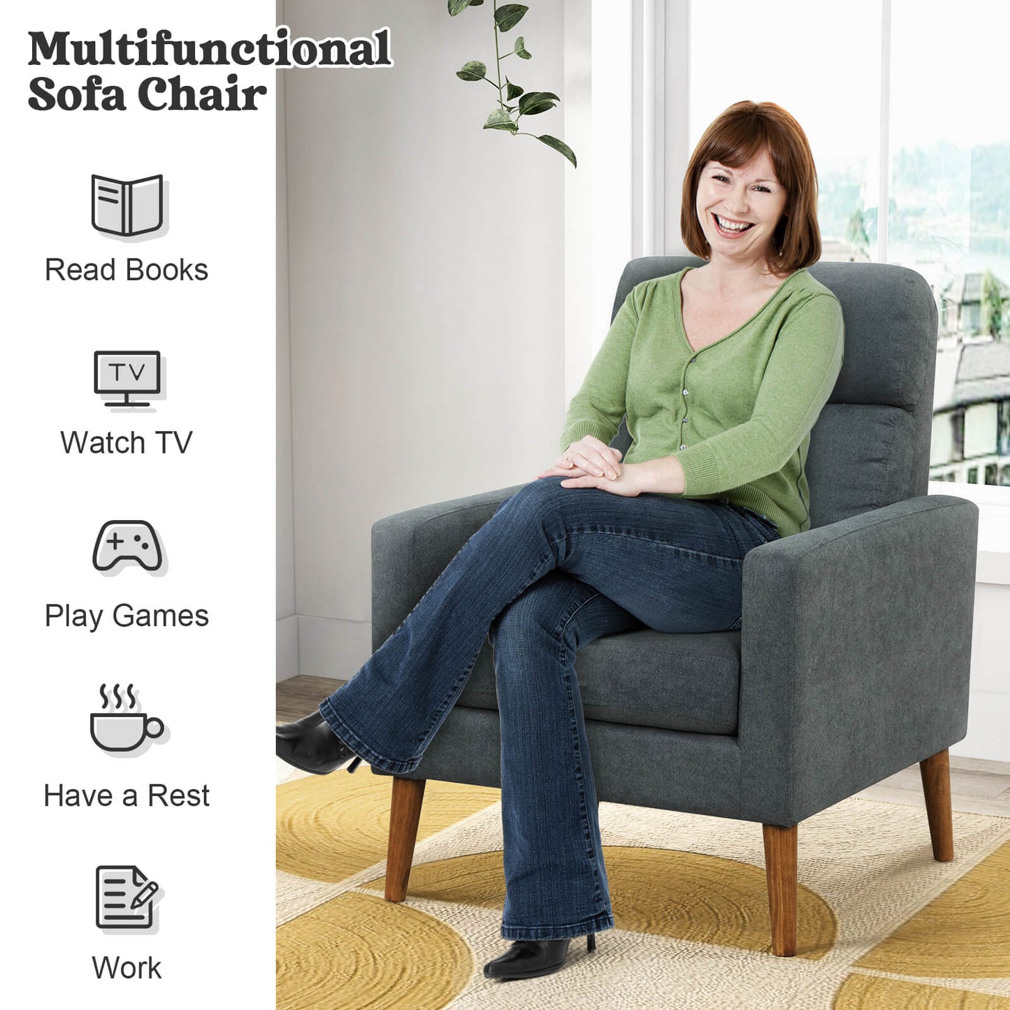 Modern Accent Chair with Lint Fabric Upholstery and Solid Wood Legs