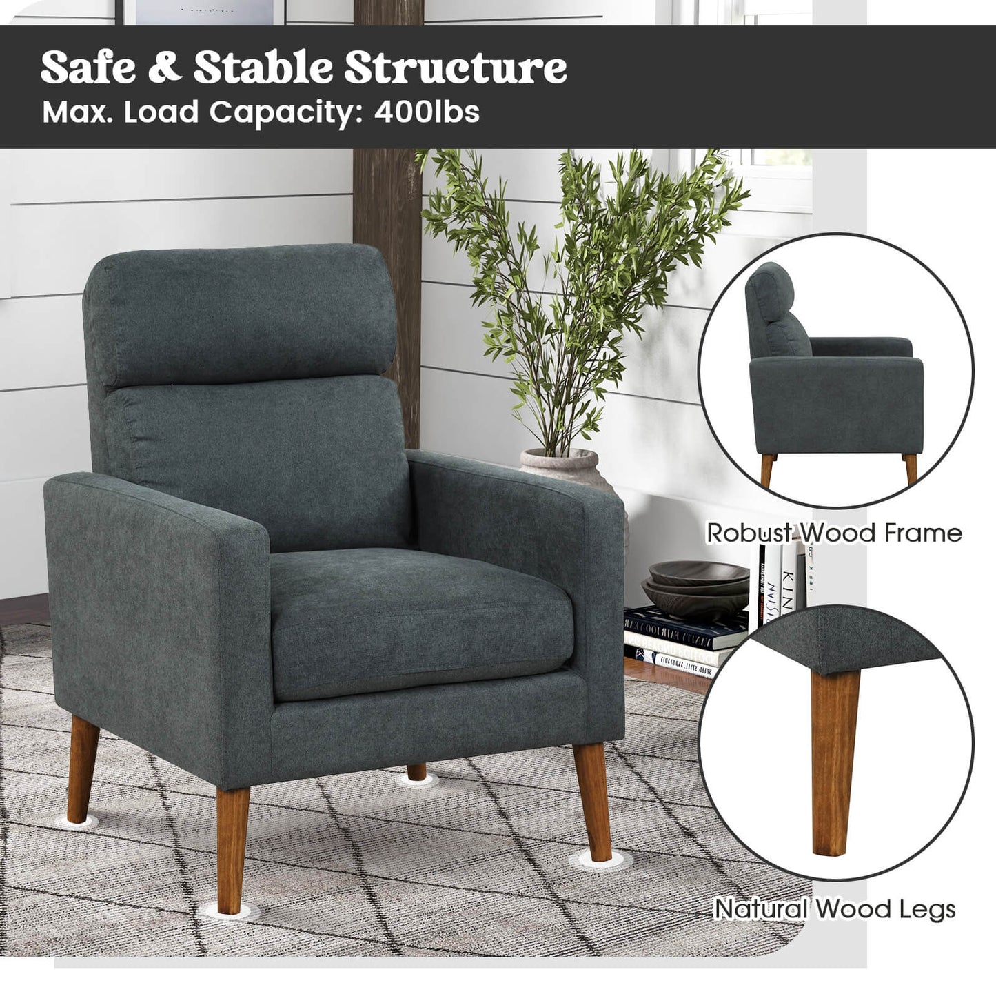 Modern Accent Chair with Lint Fabric Upholstery and Solid Wood Legs